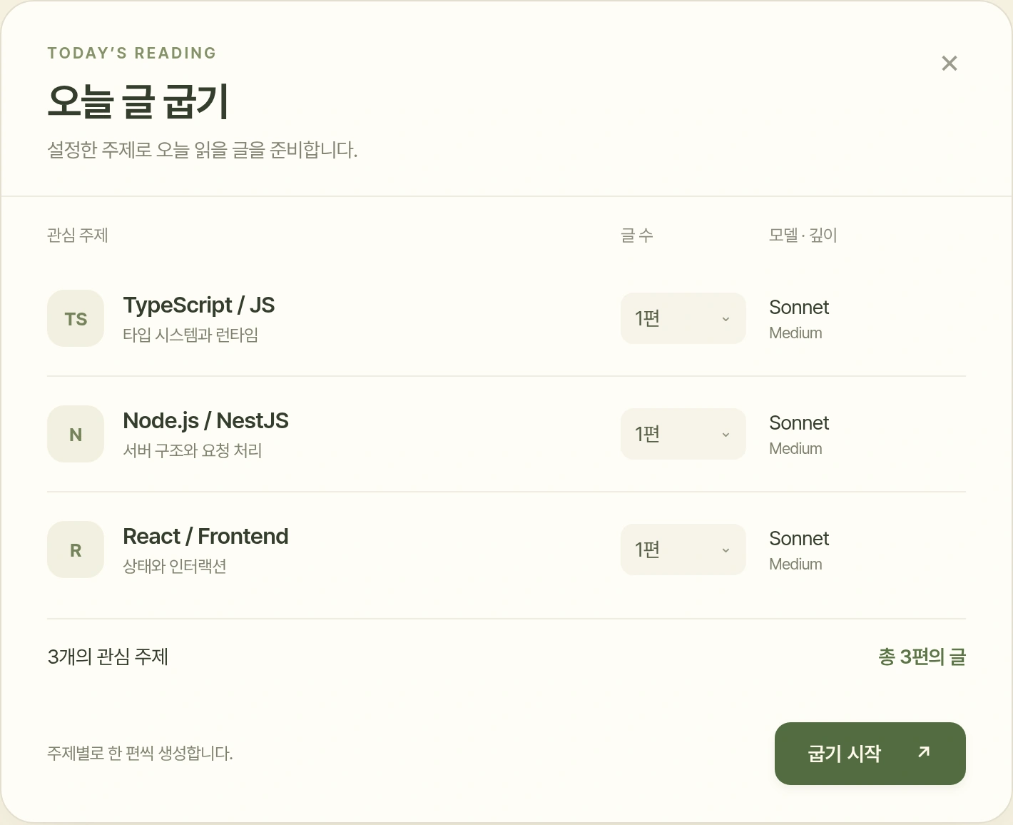카야토스트의 글 생성 대화상자: 활성 주제 3개와 글 수, 사용할 모델을 확인한 뒤 굽기 시작을 누릅니다